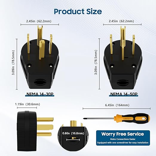 NEMA 14-30/50P Straight Blade Angle Plug 2Pack,AC Dryer Replacement Male Angle Plug,4 Pole 4 Wire Grounding Heavy Duty Universal Power Male connector for Dryers 30/50Amp,125/250Volt-with 1 Screwdriver