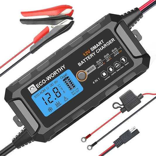 ECO-WORTHY 12V 5A Automatic Smart Battery Charger and Maintainer LCD Display for Lead Acid and Lithium (LiFePO4) Battery