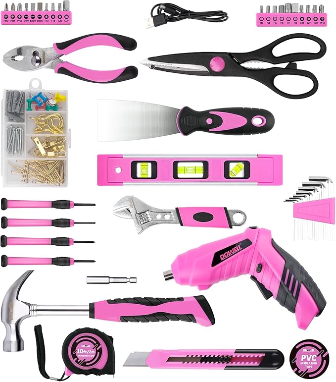 143 Pcs Pink Homeowner Tool Set with 3.6V Cordless Screwdriver General Household Hand Tool Kit with Plastic Tool box Storage Case for Women,Men