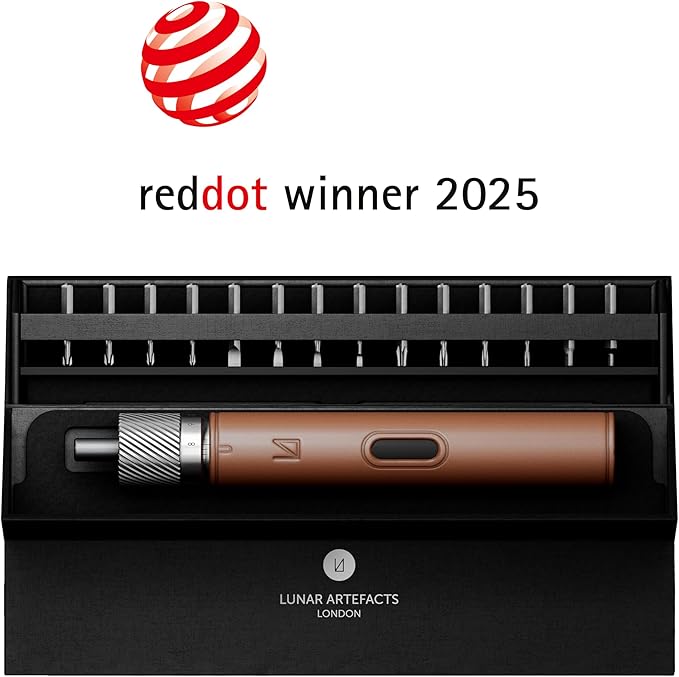 Lunar Artefacts Precision Electric Cordless Rechargeable Brown Leather and CNC Aluminum Screwdriver with 24 Magnetics Bits and Easy Storage Toolbox