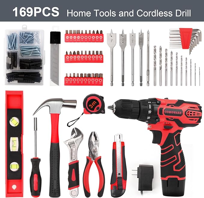 COMOWARE 169PCS Home Tool Kit with 12V Cordless Power Drill, Multi-Task for DIY Home Repair & Maintenance, Red Storage Bag Included
