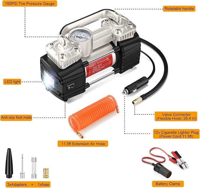 GSPSCN Portable Air Compressor Pump Dual Cylinder Heavy Duty Tire Inflator with LED Light,150 PSI 12V Air Pump with Tire Repair Kit and Toolbox for Auto,SUV,Truck tires etc Silver