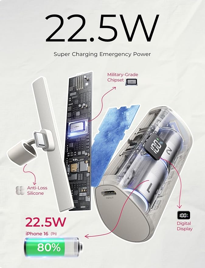 LISEN Mini Portable Charger 7000mAh Power Bank for iPhone 17 Pro Max Air 16 15, 22.5W PD Fast Charging Power Bank, Small Portable Charger USB C Samsung Google Pixel 9 iPad Pro/Air AirPods, Ivory White