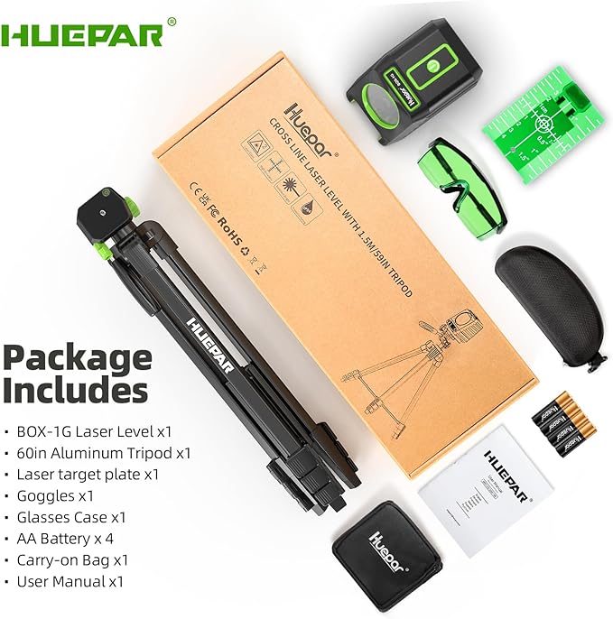 Laser Level with 60in Tripod, Huepar 150Ft / 150° Self Leveling Lazer Leveler Tool Outdoor Use(Pulse Mode-197Ft), Switchable Green Cross Line for Picture Hanging, Tile, DIY/Construction Project