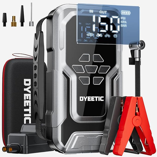 Portable Car Jump Starter with Air Compressor,6000A 150PSI Car Battery Jump Starter (All Gas/10.0L Diesel Engines),12V Pack Jump Box with Large Digital Display, 21800mAh Power Bank,Smart Jumper Cable