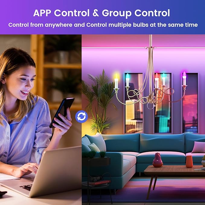 OHLUX Smart Candelabra LED Light Bulbs, 4W 40W Equivalent E12 Base, Compatible with Alexa Google Assistant, Color Changing Bulbs with 16 Million Colors, 2.4GHz WiFi, 4 Pack