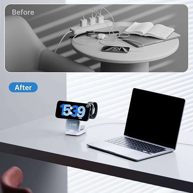 GUSGU 3 in 1 Wireless Charging Station with Real-Time Power and Time Display, Foldable Charging Stand, Compatible with iPhone 17/Air/16/15/14/13/, Apple Watch Series 11/SE3/ Ultra 3, AirPods Pro 3