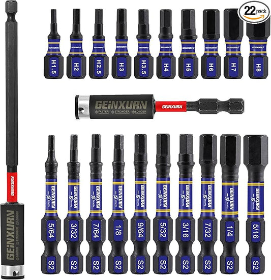 22 Pieces Multi Hex Head Impact Tough Magnetic Allen Wrench Drill Bits Set, 1 In./2 In. Mixed Hex Head (Metric&SAE) S2 Steel Power Bits Set with Bit Extension Holder