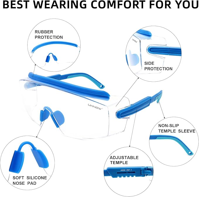 UKNOW Safety Goggles Over Glasses, Anti Fog Safety Glasses with Clear Wraparound Lens, ANSI Z87.1 Protective Eyewear