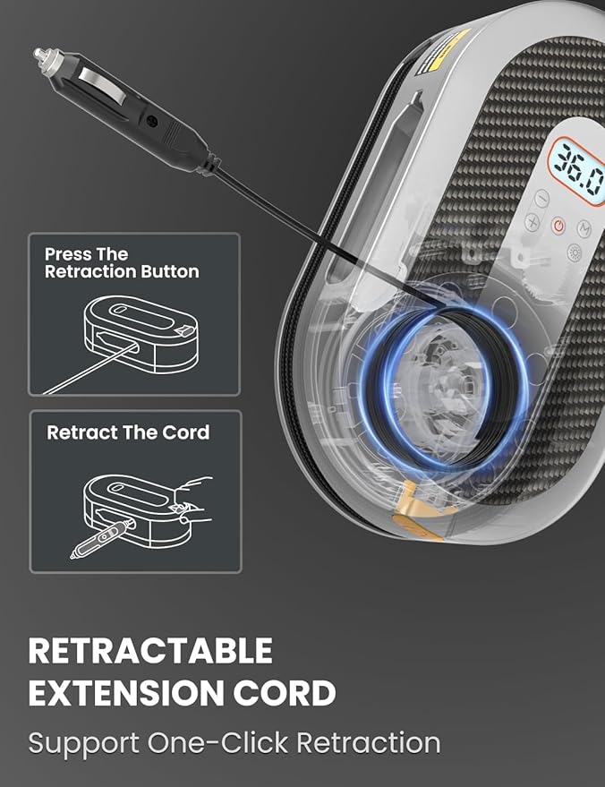 Giraffe Tools Tire Inflator Portable Air Compressor, 150 PSI 12V Car Air Pump with Digital Pressure Gauge, 13ft Cord Retraction Auto Tire Pump with Emergency LED Light for Bicycle, Motorcycle, Ball