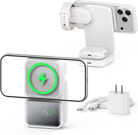 GUSGU 3 in 1 Wireless Charging Station with Real-Time Power and Time Display, Foldable Charging Stand, Compatible with iPhone 17/Air/16/15/14/13/, Apple Watch Series 11/SE3/ Ultra 3, AirPods Pro 3