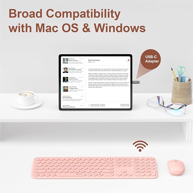 Cute Wireless Keyboard and Mouse Combo Slim 2.4GHz USB Cordless Full Size Silent Retro Keyboard and Mouse Set for PC Computer,Laptop,Windows,Mac,Tablets(Upgraded Peach)