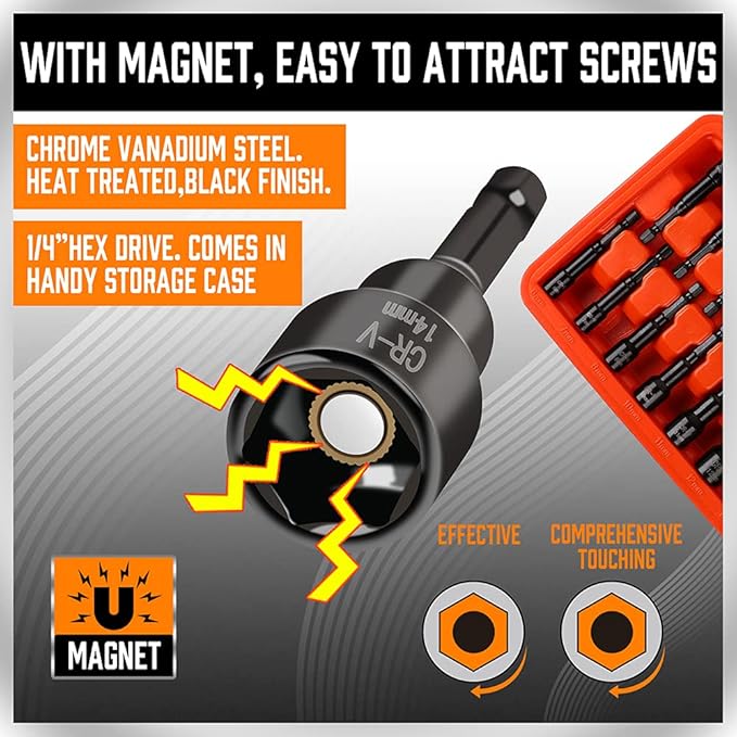 HORUSDY 15-Piece Magnetic Nut Driver Set with Storage Case, Wide Size Range SAE & Metric Impact Hex Drill Bit Kit with 1/4" Quick-Change, for Mechanics, DIY, Home & Automotive Projects