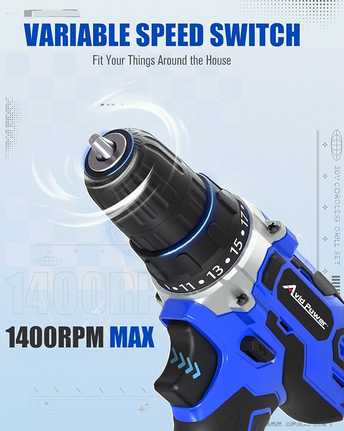 AVID POWER 20V MAX Power Drill Kit, Cordless Drill Set with Battery and Charger, 2 Variable Speed, 3/8-Inch Keyless Chuck, 19 Position and 22pcs Bits - Blue