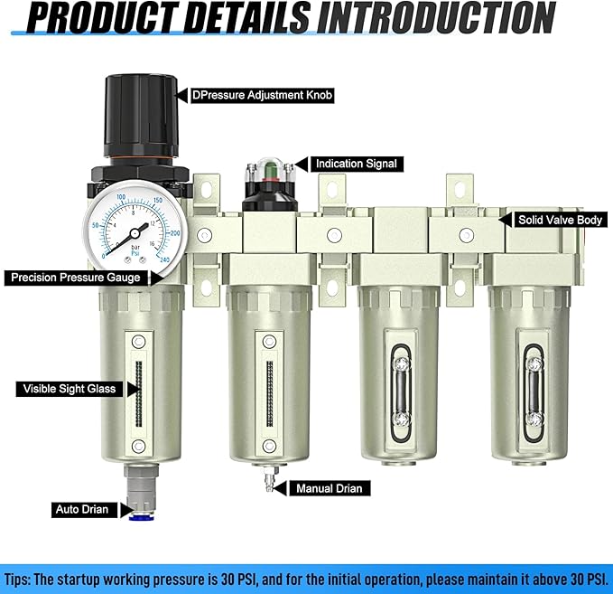 1/2" NPT 4 Stage Heavy Duty Industrial Grade, Auto Drain Air Drying System, Coalescing Filter, Particulate Filter, Double Desiccant Dryer and Air Regulator For Plasma Cutter and Paint Spray