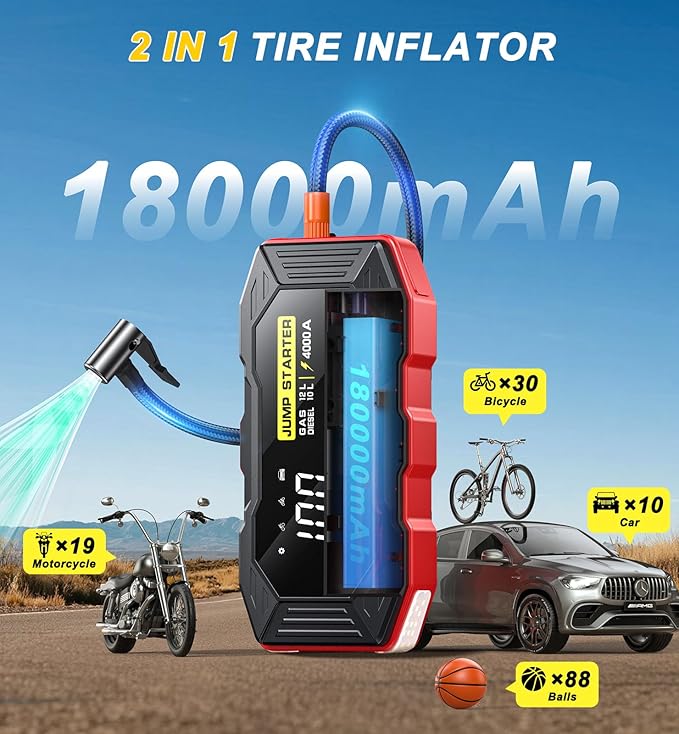 Jump Starter with Air Compressor, Portable Car Battery Jump Starter(12 Gas/10L Diesel), 4000A Peak 160PSI 12V Automobile Jump Box Pack Chargers with Jumper Cables, 4-Mode LED Lights, LCD Display