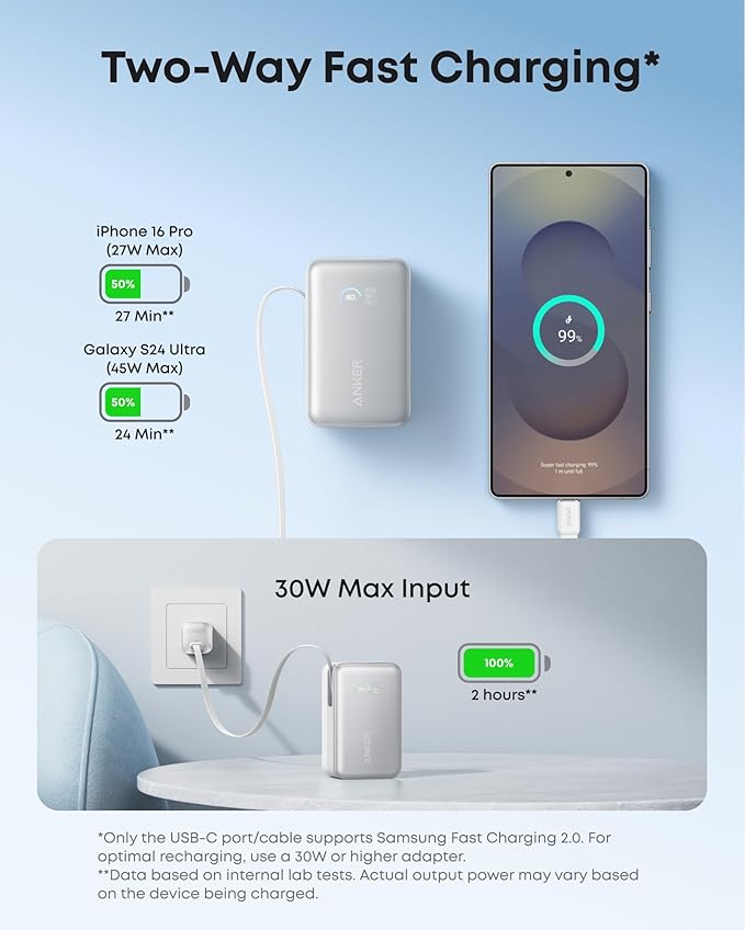 Anker Nano Power Bank, 10,000mAh Portable Charger with 2.3 ft InstaCord Retractable Cable, 45W Max Compact Battery Pack, Smart Display, for iPhone 16 Series, iPad, Galaxy, Pixel, and More
