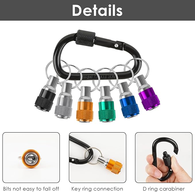 6 Pack Bit Holder Keychain, 1/4 inch Hex Shank Bit Holders, Hex Screwdriver Bits Holder Extension Bar, Quick Release Bit Holder For Nut Driver - Screwdriver & Drill Bits w/Key Chain Carabiner