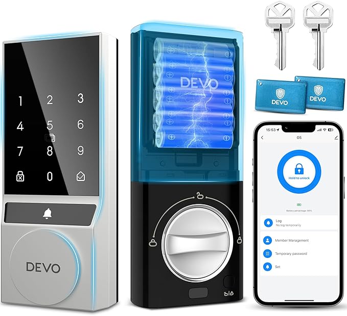 Devo G5 Smart Lock, Front Door Keyless Entry Door Lock, Bulit-in WiFi Door Lock, App Remote Control, Digital Smart Deadbolt, Electronic Touchscreen Keypad, Auto Locks, Easy Installation(Silver)