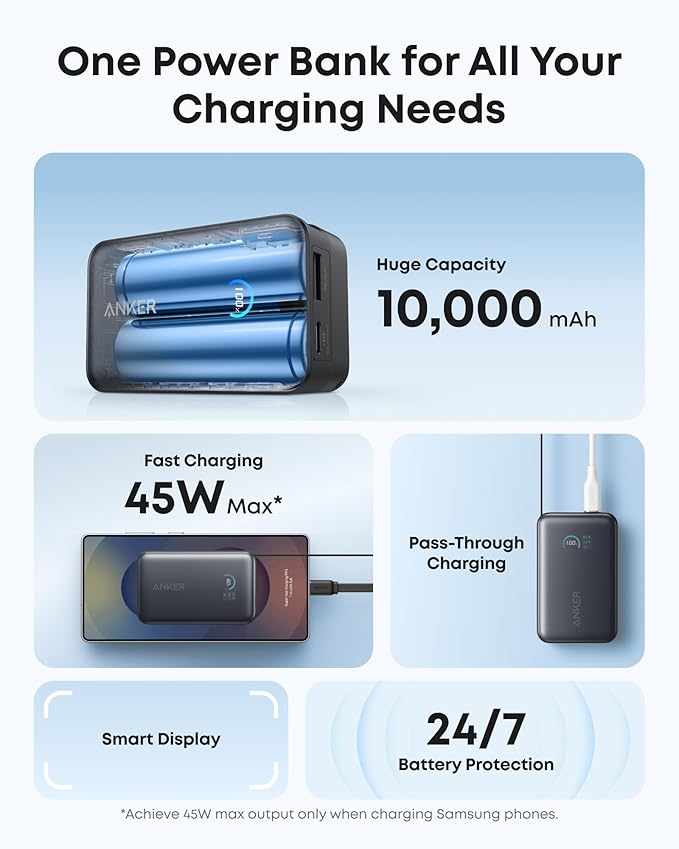 Anker Nano Power Bank, 10,000mAh Portable Charger with 2.3 ft InstaCord Retractable Cable, 45W Max Compact Battery Pack, Smart Display, for iPhone 16 Series, iPad, Galaxy, Pixel, and More