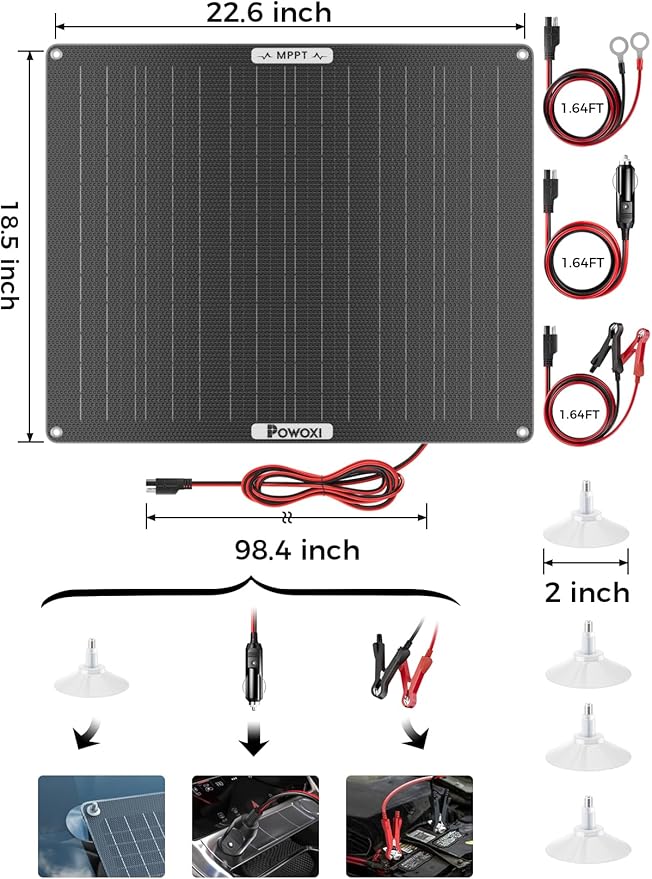 POWOXI 50W Solar Battery Charger: 12V Solar Car Battery Trickle Maintainer - with MPPT Controller Parameter Adjustable - for RV Boat Marine Motorcycle Trailer Truck Tractor - Solar Panel Kit