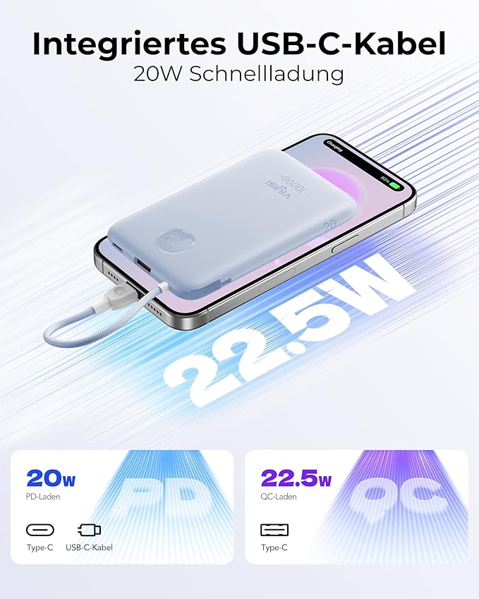 Slim Portable Charger 10000mAh, Travel Power Bank with Built-in USB-C Cable & LED Display, 22.5W Fast Charging Battery Pack Compatible with iPhone 16 15 Samsung S24 S23 -Blue