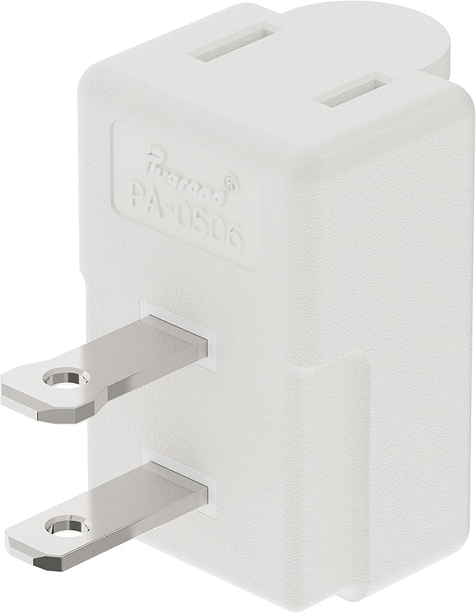 90 Degree 2 Pin Adapter, Plugrand Nema 1-15P to 1-15R Left Angled Adapter, 2 Prong Angled Adapter, NEMA 1-15P Power Adapter, PA-0506 White Color