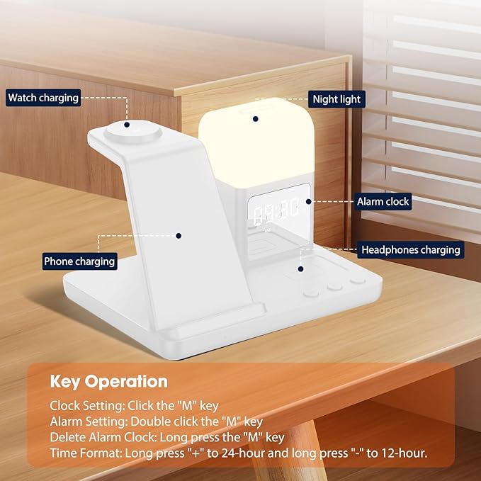 Wireless Charger for Samsung/Android, 6 in 1 Phone Nightstand Charging Station Charger with Alarm Clock/Night Light for Samsung S25/S24/S23 Ultra/Buds3 Pro,Watch Charger for Galaxy Watch 8/7/6/5-White