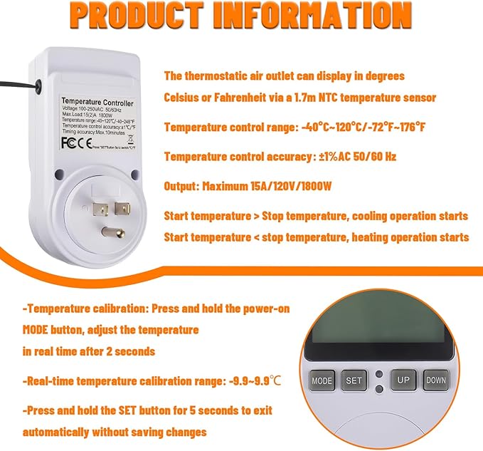 110V Digital Temperature Controller, LCD Screen Heating Cooling Thermostat Outlet Socket with Sensor Timer Regulator for Reptile Incubator Greenhouse Brewing Refrigerator
