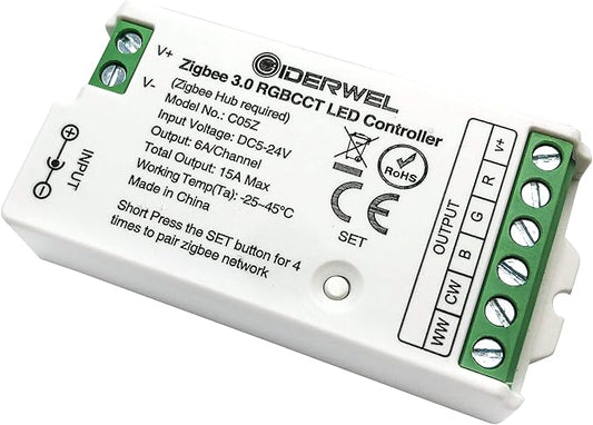 GIDERWEL Smart Zigbee 3.0 LED Controller RGBWW Work with ZigBee Hub Bridge,Echo Plus,Tuya Smart Hub for APP/Voice Control RGBCCT RGBW LED Strip Dimming and Color Changing(only Zigbee Controller)