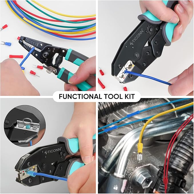 TICONN Crimping Tool for Heat Shrink Connectors - Ratcheting Wire Crimper - Crimping Pliers - Ratchet Terminal Crimper - Wire Crimp Tool (Combo Kit)