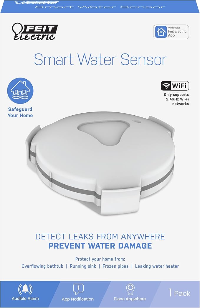 Feit Electric Smart Wi-Fi Water Leak Sensor with Audible Alarm, Wireless, Indoor/Outdoor, 24/7 Home Security System with Mobile App Notification, Battery Operated, No Hub Required, H2O/WiFi