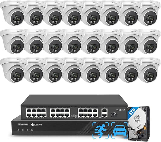 4COVR 4K 32 Channel Security Camera System PoE & AI Person Vehicle Detection, 24Pcs 8MP 110ー Wide View Angle Dome IP Camera IP67, 4K UHD NVR 8TB HDD, Business Surveillance Outdoor, LY97SA8M3224