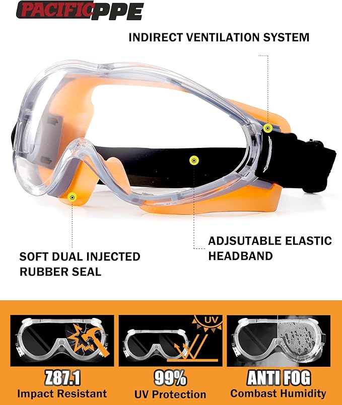 PACIFIC PPE Wide-Vision Safety Glasses, ANSI Z87 Eyewear with Anti-Fog and Anti-Scratch Wraparound Lenses, Adjustable Strap, Ideal for Chemistry Lab, Woodworking, Industry