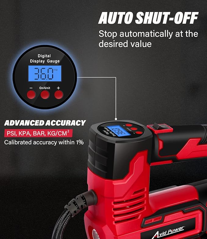 AVID POWER Tire Inflator Portable Air Compressor, 20V Cordless Car Pump w/Rechargeable Li-ion Battery, 12V Car Power Adapter, Digital Pressure Gauge, 150PSI Tire Compressor for Many Inflatables