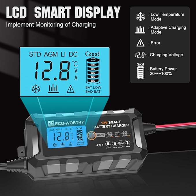 ECO-WORTHY 12V 5A Automatic Smart Battery Charger and Maintainer LCD Display for Lead Acid and Lithium (LiFePO4) Battery