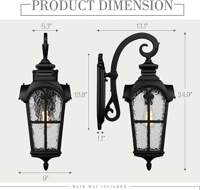 Emliviar Farmhouse 25 Inch Outdoor Wall Lantern Sconce, 1-Light Large Patio Wall Light Fixture with Water Grain Glass, Black Finish, WE215BM BK