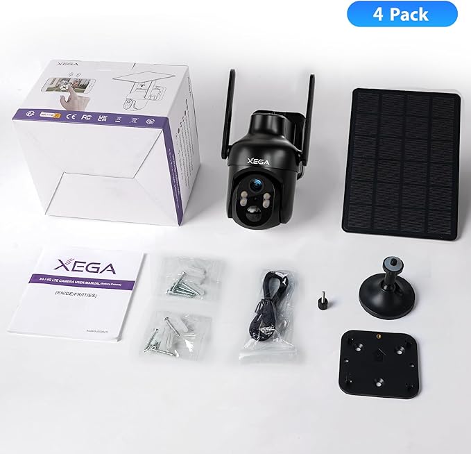 Xega 4 Pack Security Camera Wireless Outdoor, 2K PTZ Camera WiFi Surveillance Rechargeable Battery with Solar Panel, Color Night Vision, 2-Way Audio, PIR Motion Detection, Spotlight & Siren, IP66