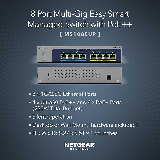 NETGEAR 8-Port Ultra60 PoE Multi-Gigabit Ethernet Easy Smart Managed Switch (MS108EUP) - Managed, with 4 x PoE++ and 4 x PoE+ @ 230W, Desktop or Wall Mount, and Limited Lifetime Protection