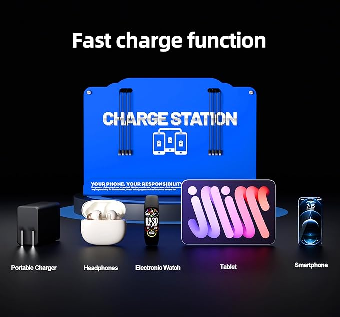 Wall Mounted 8 Port Charging Station with Fast Charigng Cables – Multi Device Charging Dock for Office, Hotel & Public Spaces | Compatible with iPhone ipad Smartphone Tablets Android Port (Blue)