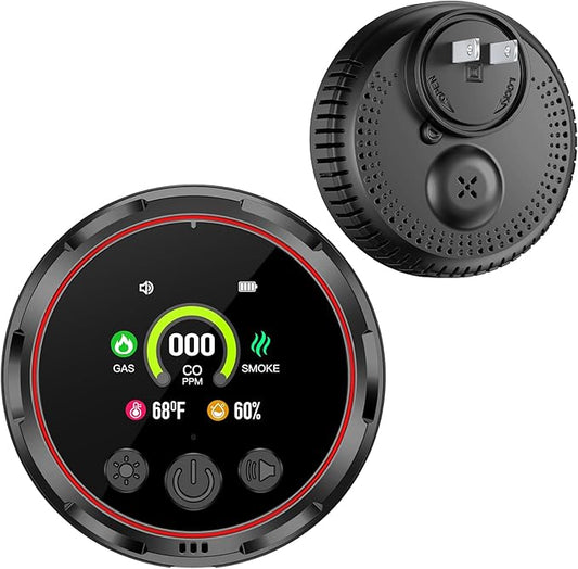 Carbon Monoxide Detectors, 5-in-1 Plug in Natural Gas & Smoke Detector, CO Methane Propane Combustible Combination Gas Alarm with Temp Humidity Sensor HD Screen for RV Home Travel Kitchen Black 1 Pack
