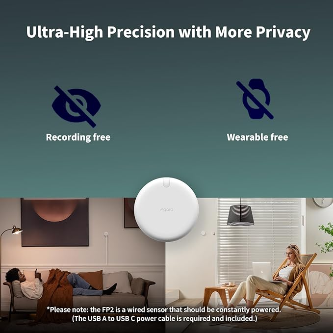 Aqara Presence Sensor FP2, mmWave Radar Wired Smart Motion Sensor, Zone Positioning, Multi-Person & Fall Detection, Supports HomeKit, Alexa, Google Home, and Home Assistant, 2.4 GHz Wi-Fi Required