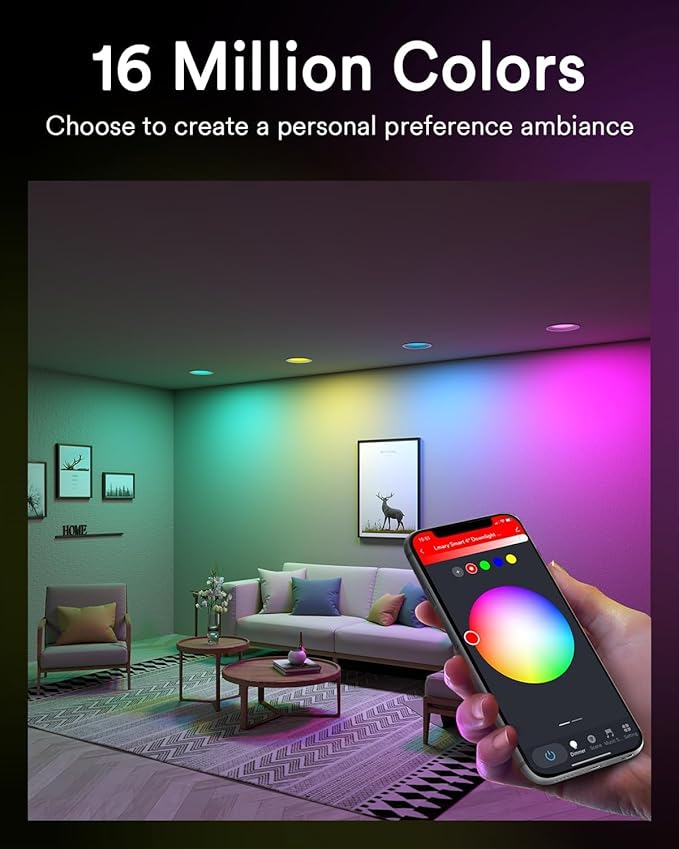 Lumary 6 Inch Smart WiFi Recessed Lighting, RGBWW Canless LED Wafer Downlight, 13W 1000Lm Color Changing, Ultra-Thin w/Anti-Glare Baffle, Compatible with Alexa/Google/Remote-Included, 1PC