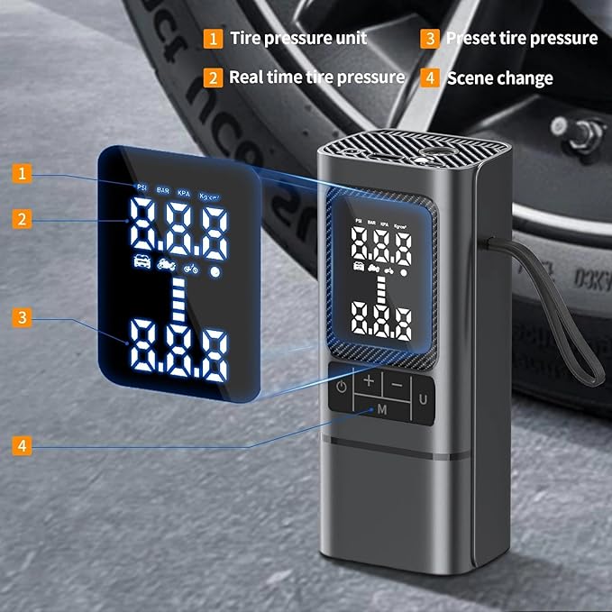 Tire Inflator, Portable Air Compressor for Car with Touch Screen, 150PSI Cordless, Fast Inflation (0-2.5BAR in 10min), Power Bank & LED Light, Auto Shut Off for Bike, Motorcycle, Ball-Black