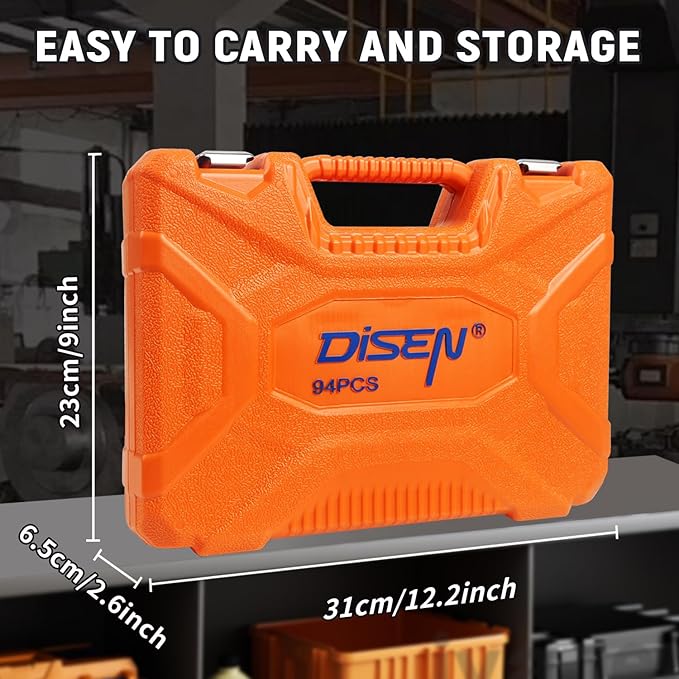 DISEN 94 PCS 1/4" Drive Impact Socket Set, Shallow & Deep Socket SAE(5/32"-9/16") & Metric(4-15mm), Torx Screwdriver Bit Set, 72T Ratchet Wrench Handle, CRV Tool Set with Adapter, Automotive Repair