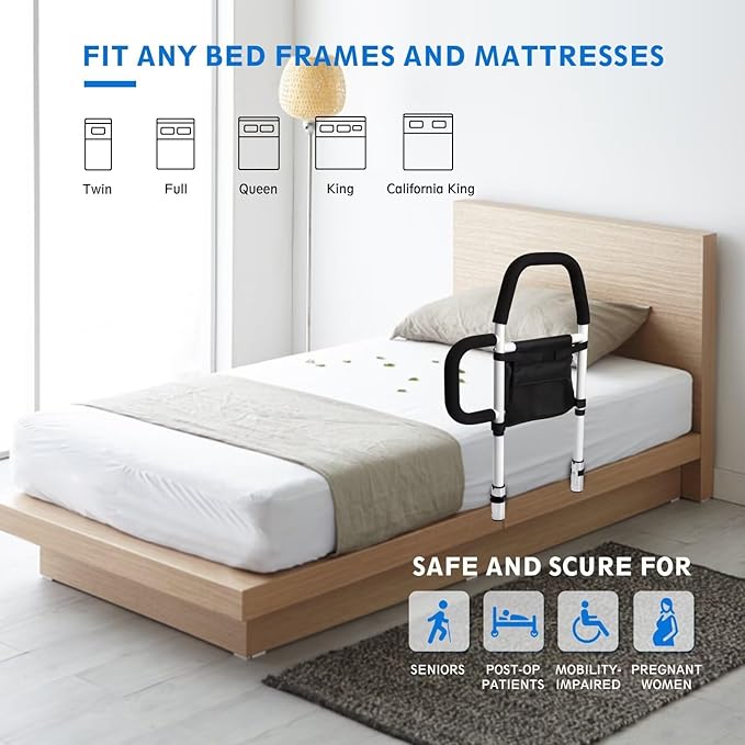 Bed Rails for Elderly Adults Safety - Bed Assist Rail with Dual Handles for Easy Getting in and Out of Bed, Bed Rail with Storage Pockets for King, Queen, Full, Twin - 300 lbs.