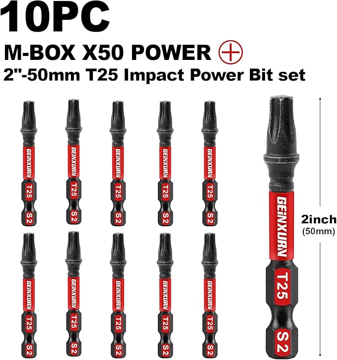 10 Pieces 2 In. T25 Impact Tough Magnetic Screwdriver Bit Set, #25 Torx Head Power Bits, S2 Alloy Steel Star Bits with Storage M-Box