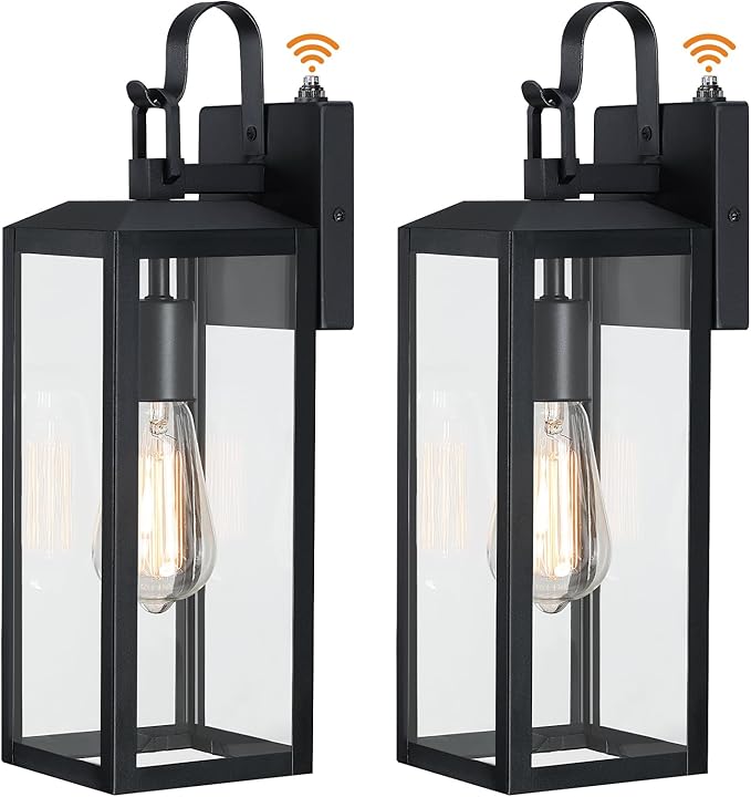 16'' Large Dusk to Dawn Outdoor Lighting 2 Packs, Modern Outdoor Lanterns for Porch, Waterproof Exterior Light Fixture Wall Sconces Lamps, Outside Lights for House Patio, Garage, Farmhouse, Black