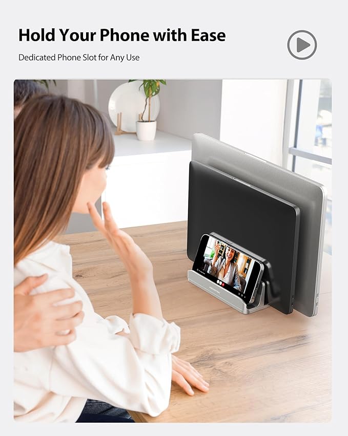 AboveTEK Vertical Laptop Stand, 3 Slots Aluminum Desk Laptop Holder & Laptop Docking Station Stand for MacBook, Tablet, Phone - Universal Fit (Up to 17.3") - Heavy Duty Polished, Anti Slide - Silver