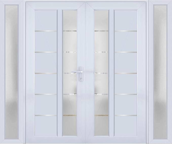 VDOMDOORS Front Exterior Prehung Metal-Plastic Double Doors/MANUX 8088 White Silk / 2 Sidelites Exterior Windows/Residential Doors Entrance Patio Garage 96 x 80